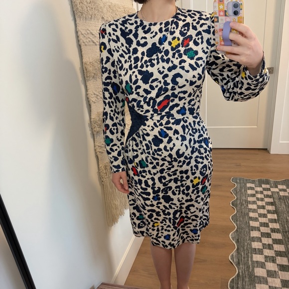 Vintage Dresses & Skirts - Vintage Cream and Navy Colorful Leopard Print Dress Size Small